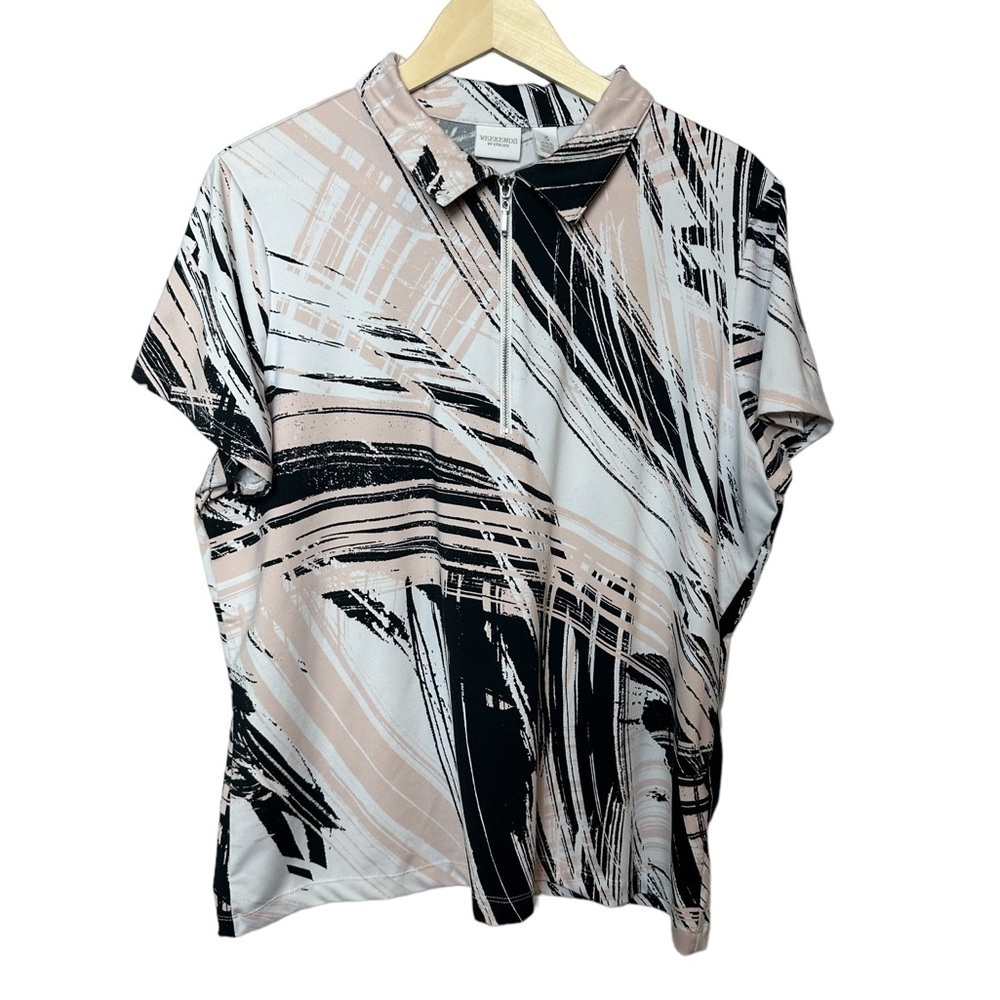 Chico’s Abstract Marble White Pink Black front Zipper Detail Size 16 XL